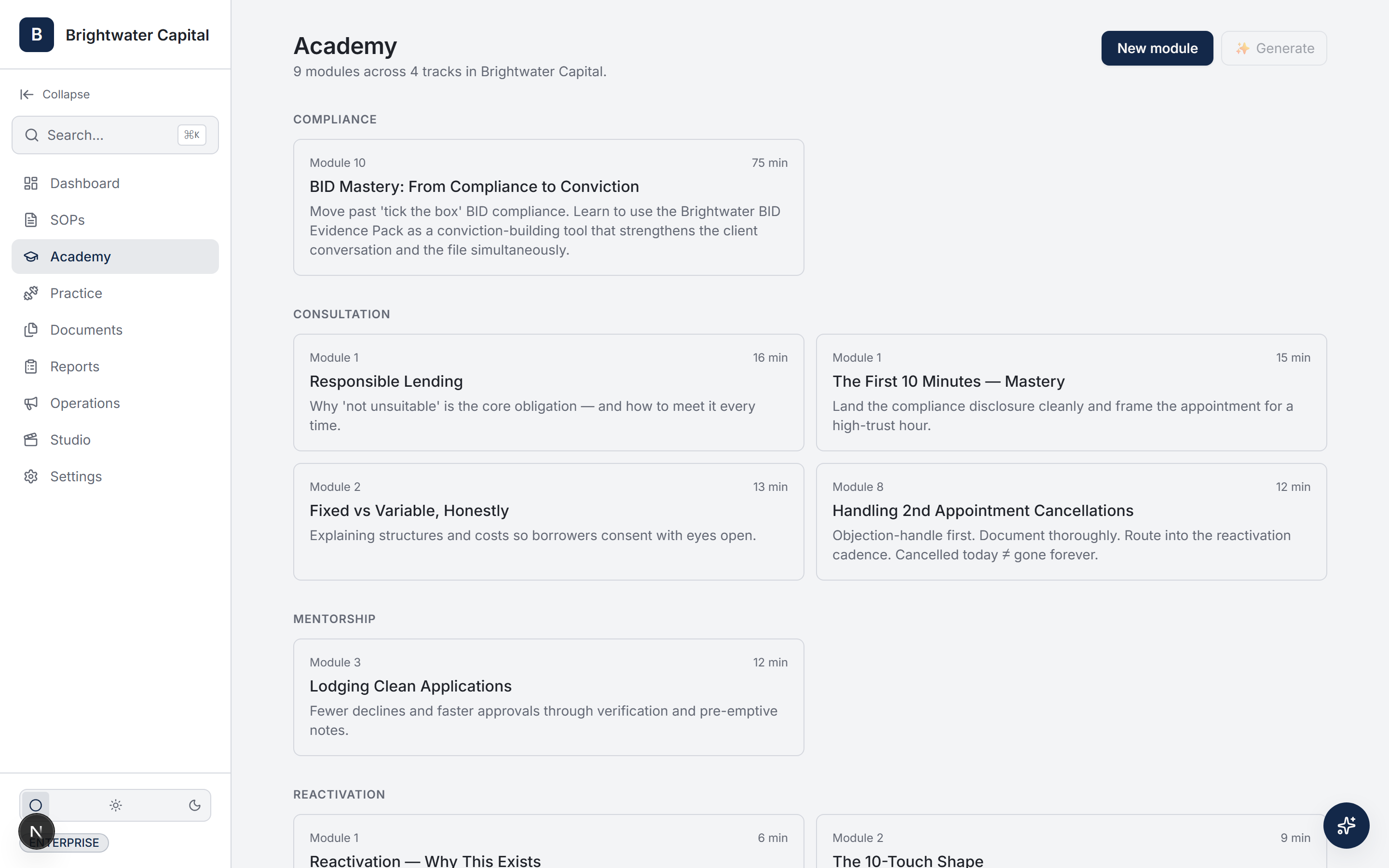 From day-1 hire to certified, on autopilot — Brightwater Capital workspace