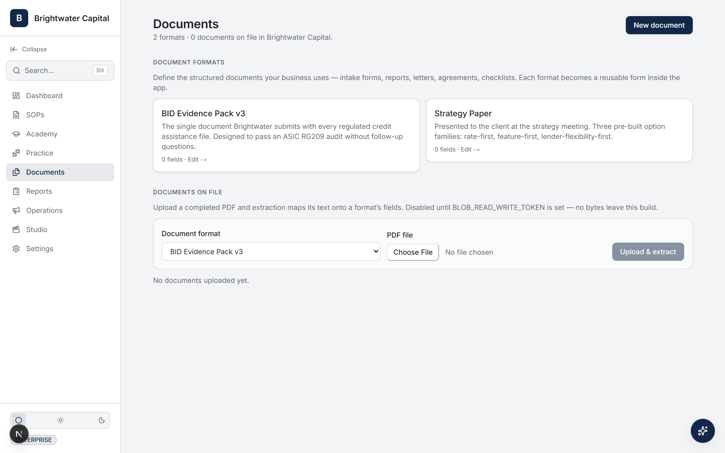 Build any document — export branded PDF or PowerPoint — Brightwater Capital workspace