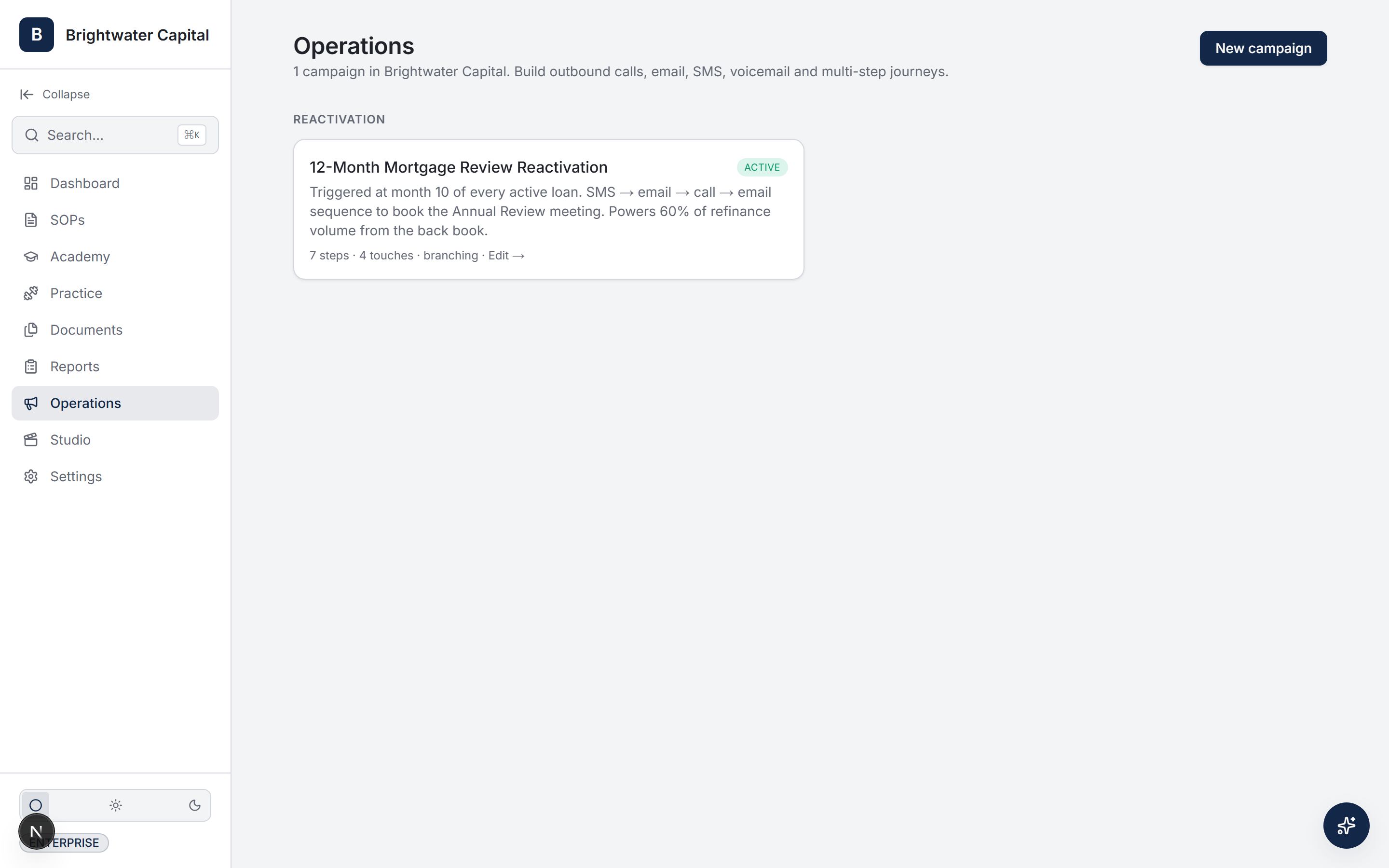 Branching outbound journeys, beside your CRM — Brightwater Capital workspace