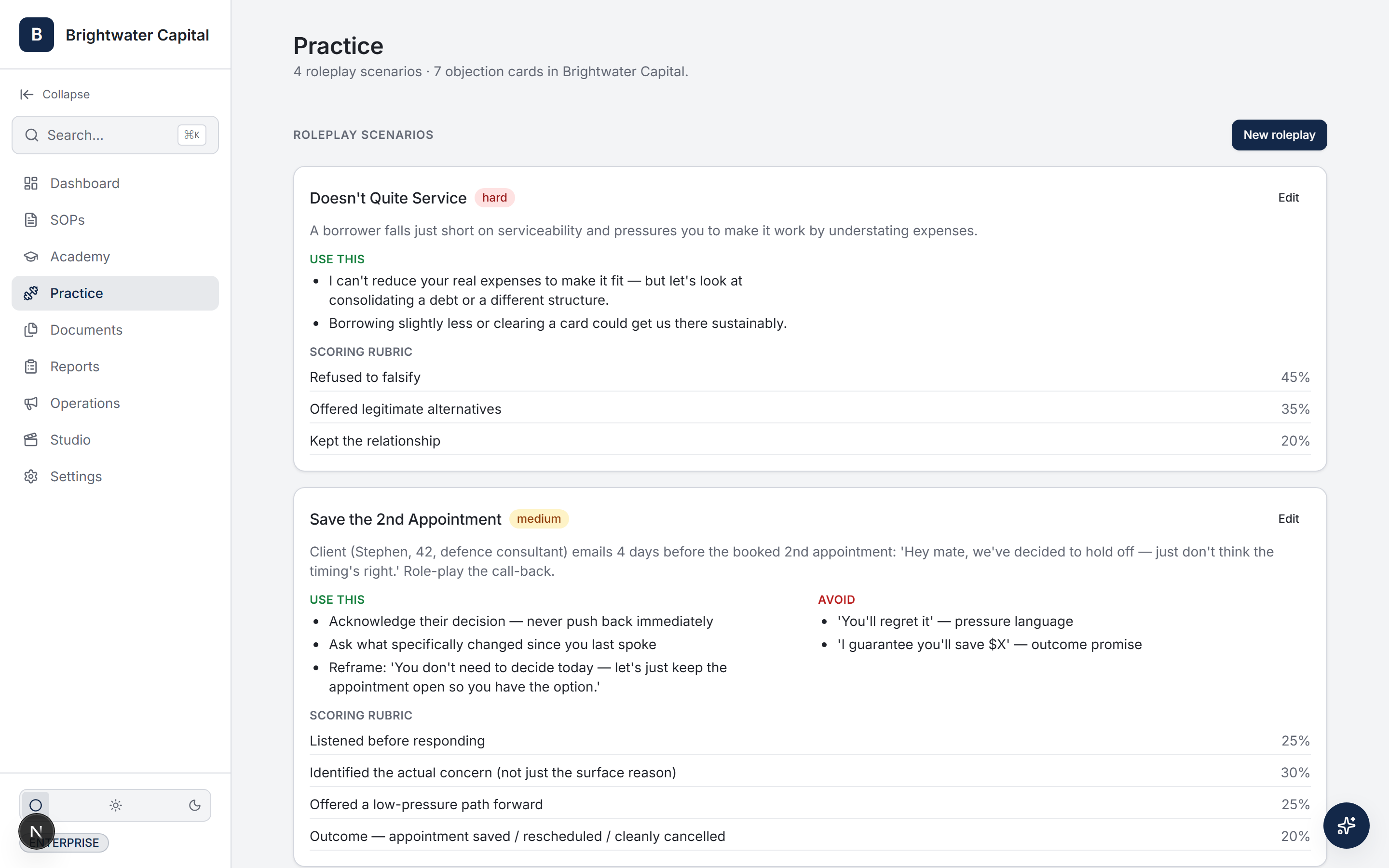 Scored roleplays + objection handling — Brightwater Capital workspace
