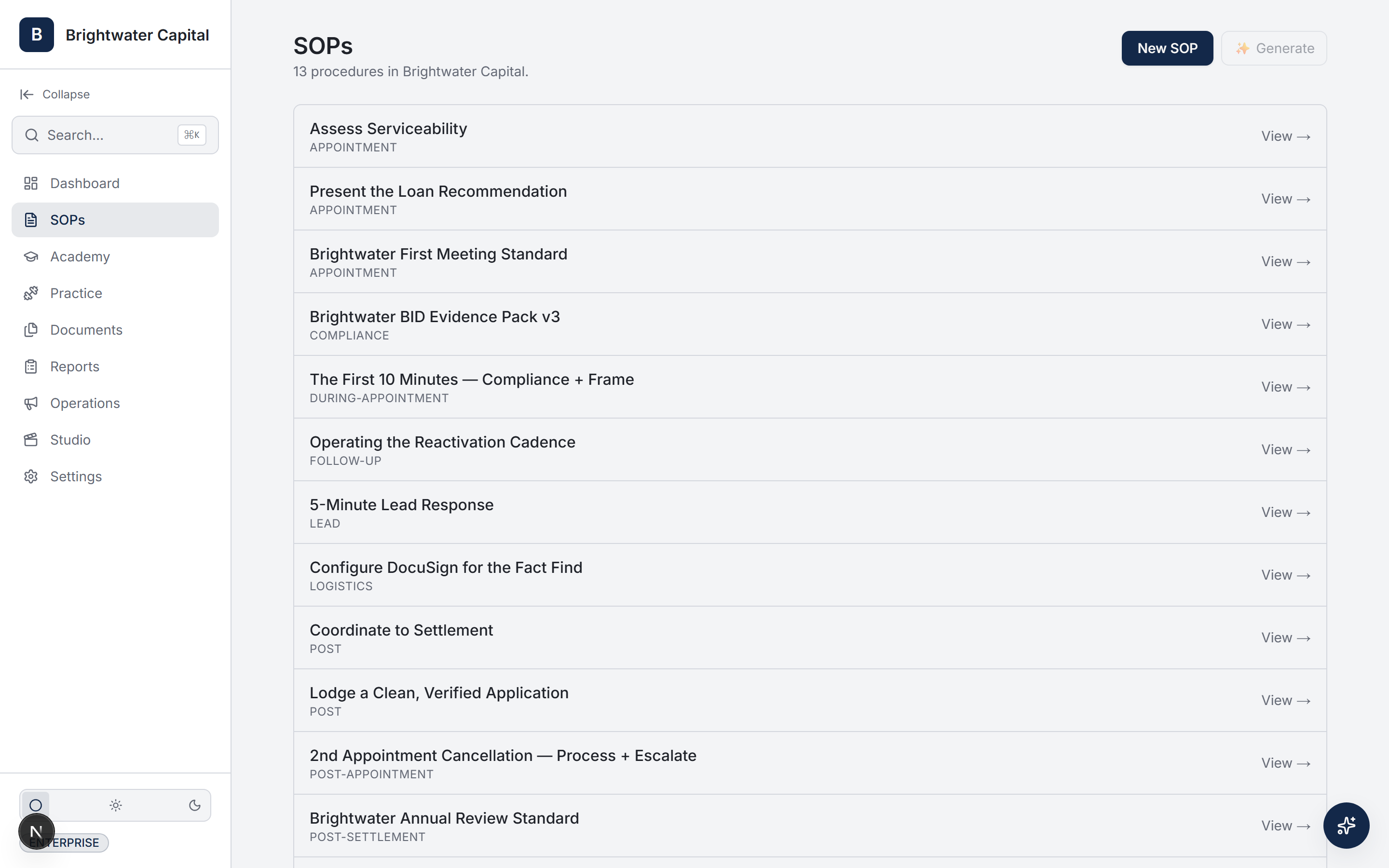 The playbook your CRM can't store — Brightwater Capital workspace