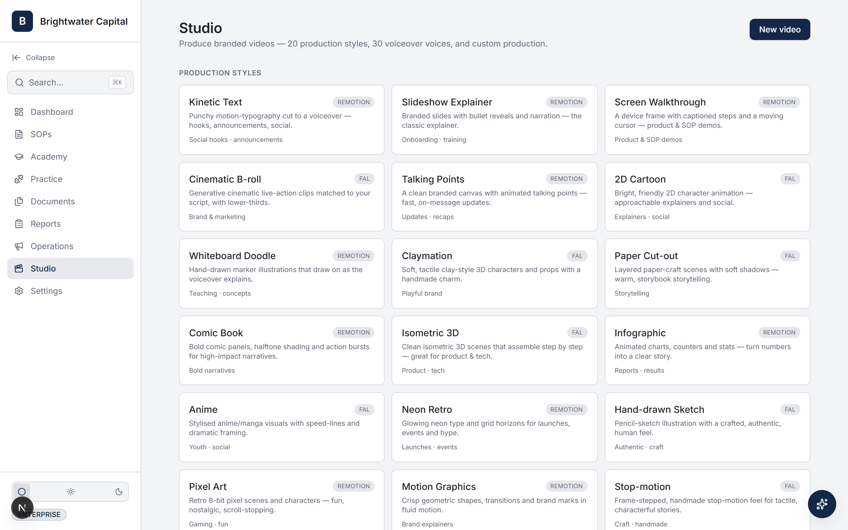 20 production styles, 30 real ElevenLabs voices — Brightwater Capital workspace