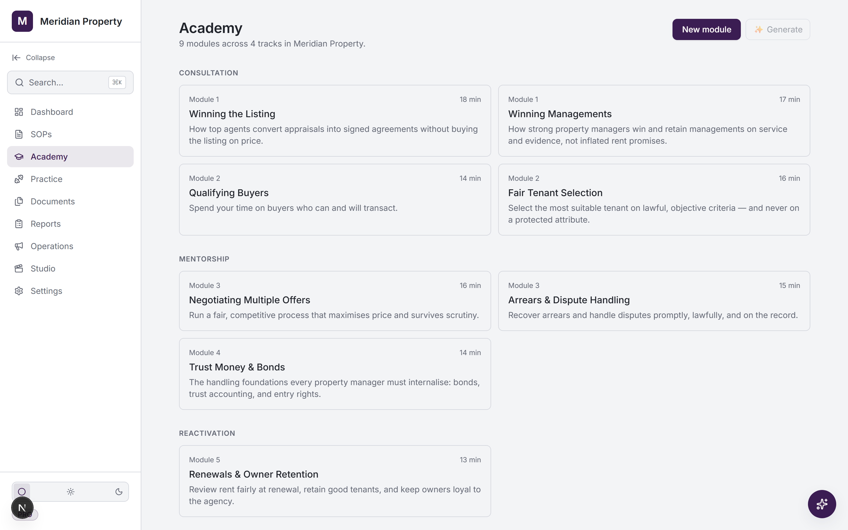 Meridian Property — Academy training tracks