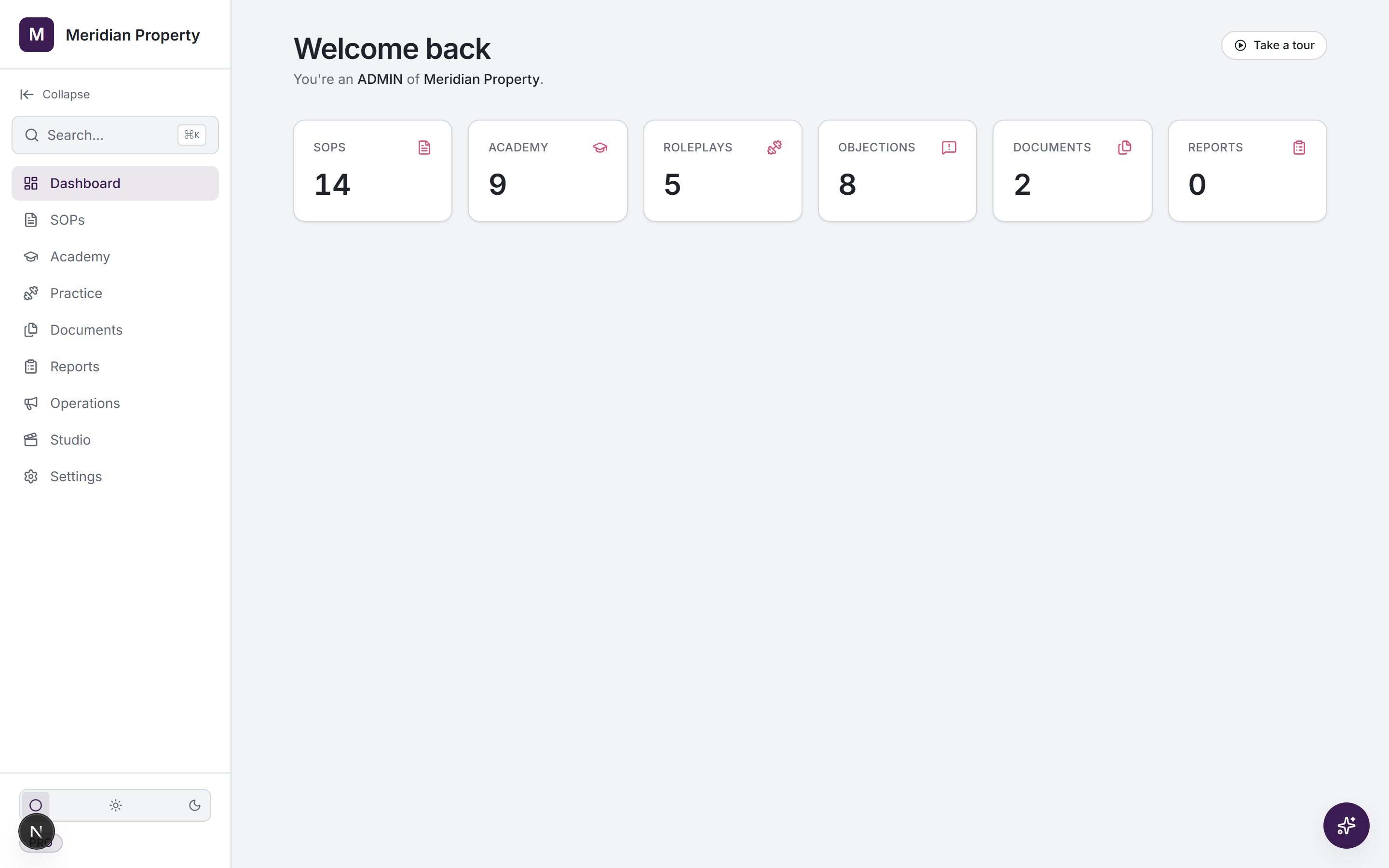 Meridian Property workspace dashboard